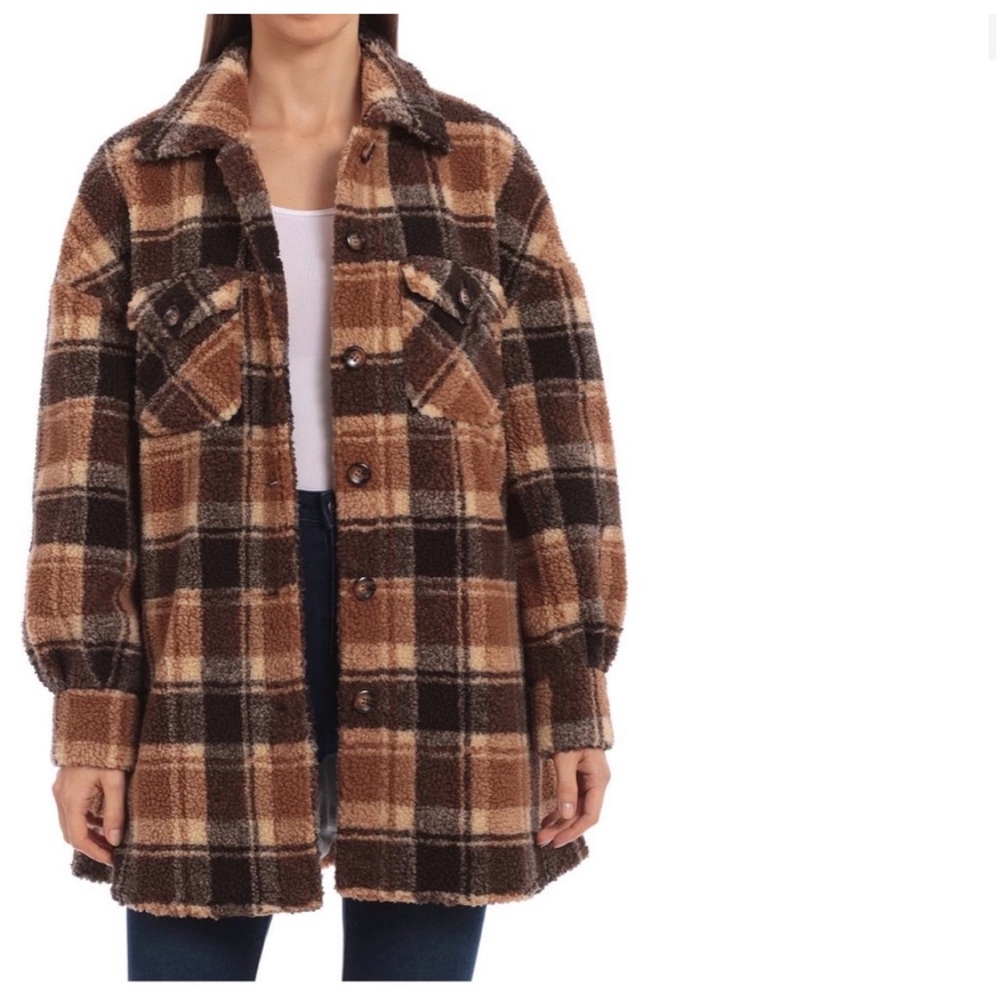 Avec Les Filles Teddy Plaid Brown Button Front Jacket